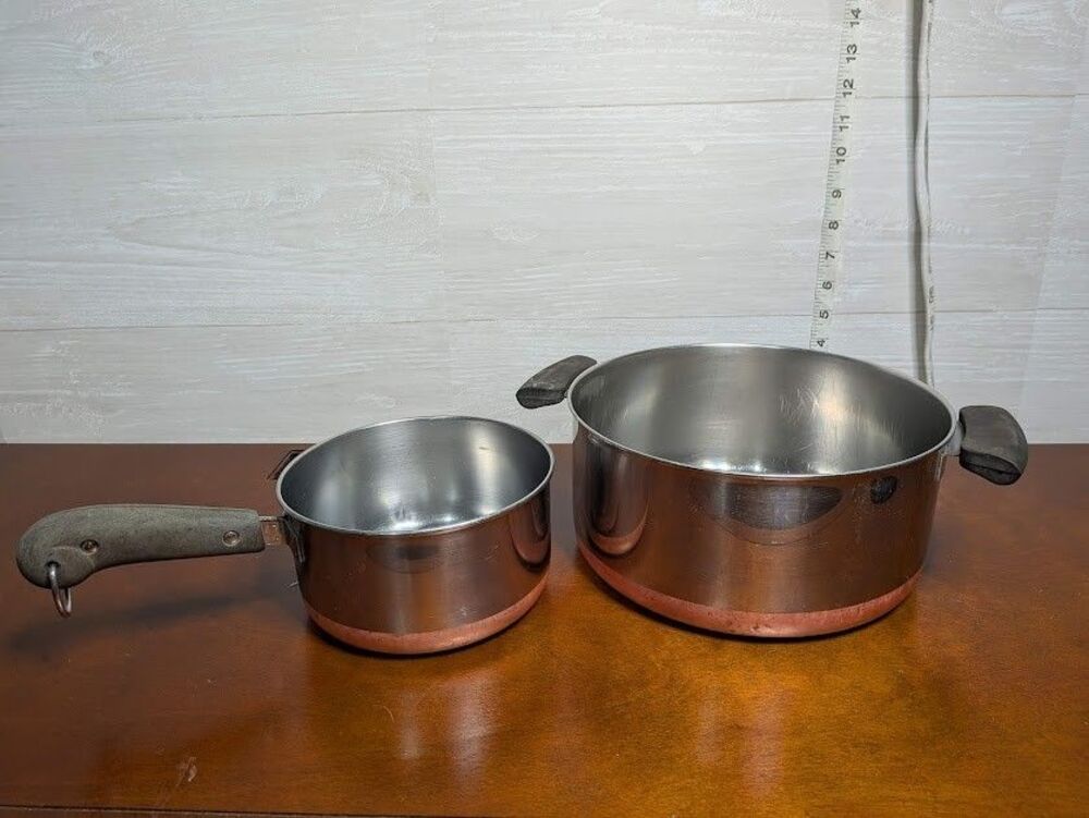 RARE Vintage Revere Ware Double Ring Logo Copper Bottom Pot Set 1qt 4qt CLINTON